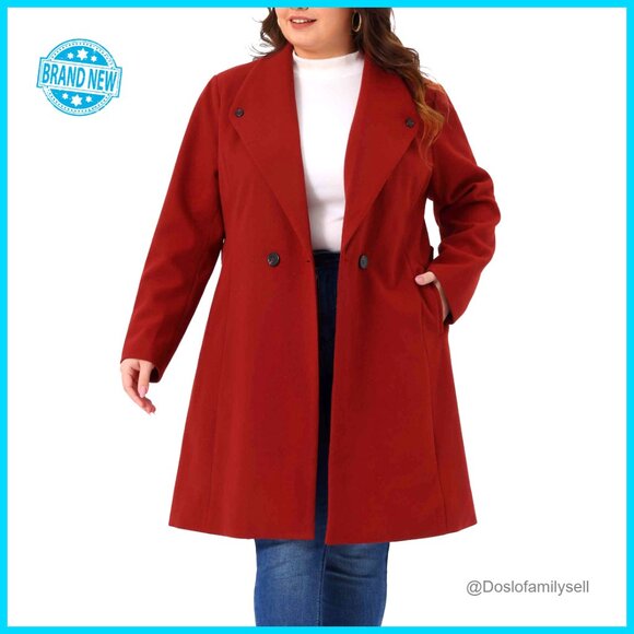 Plus Size Double Breasted Pea Coat Belted Lapel Trench Winter Coat Women